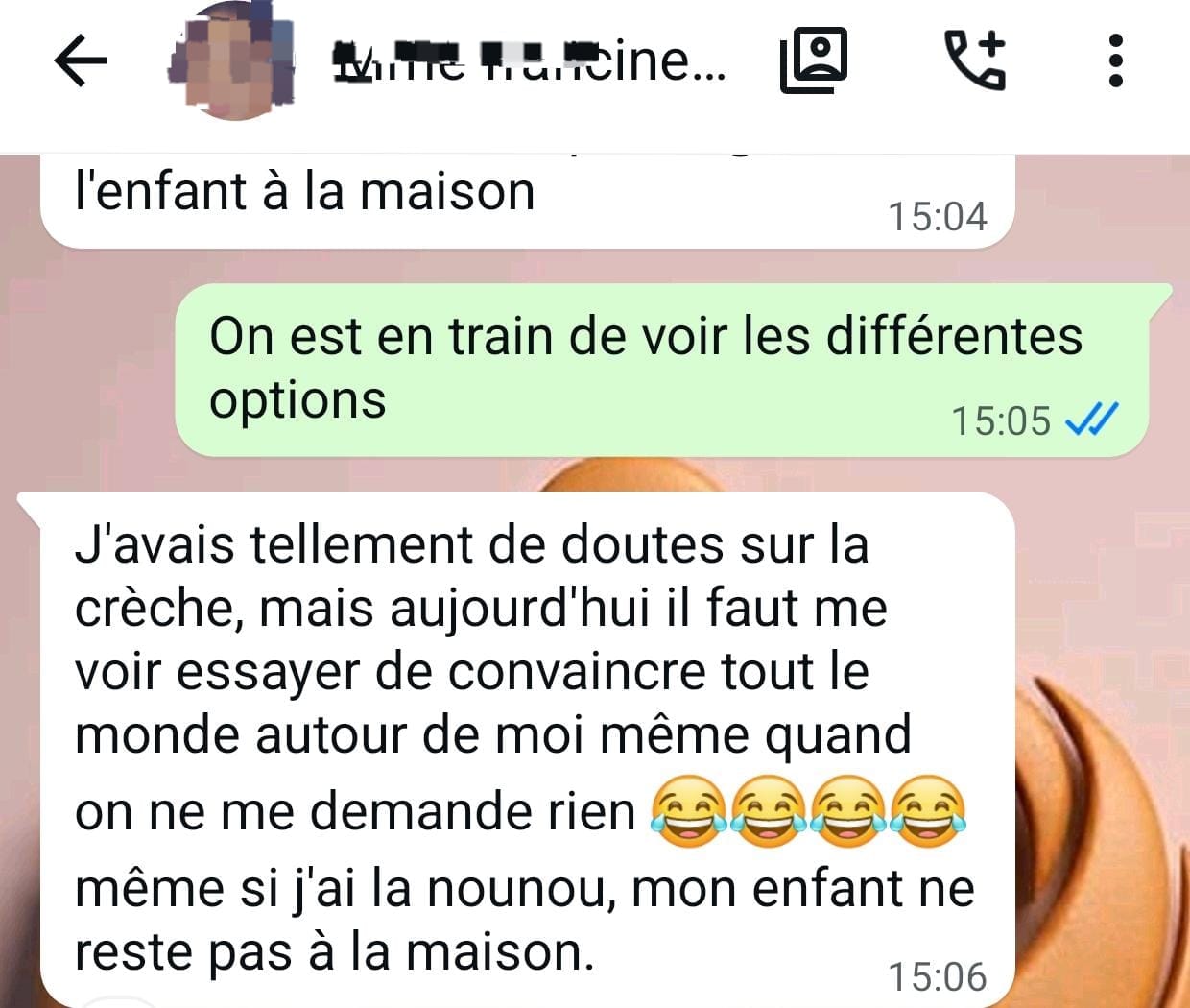 Message WhatsApp de Brenda et Yves, parents de jumeaux, à propos du jardin et des ateliers créatifs de MUNA